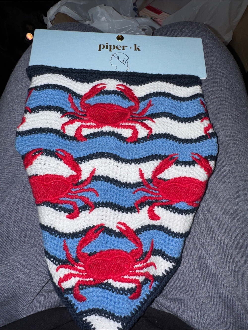 Piper Red Crab Blue & White Striped Knit Hair Bandana